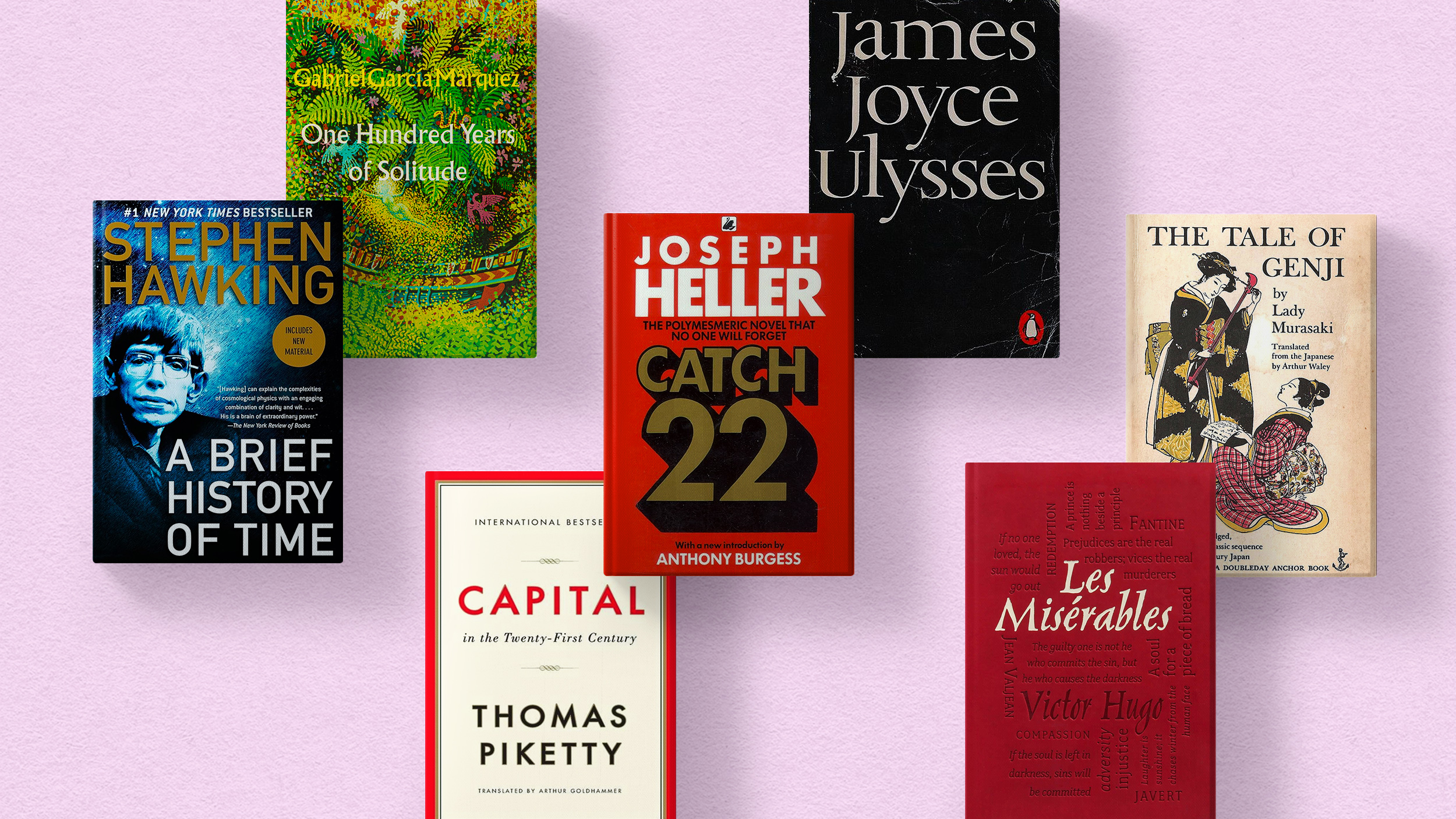 A collection of hard-to-finish books on a pink background.