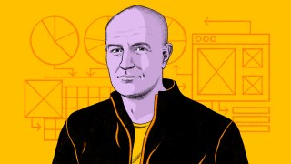 Illustration of a bald man in a black jacket standing against a yellow background, surrounded by diagrams, charts, and web design elements that evoke holistic innovation.