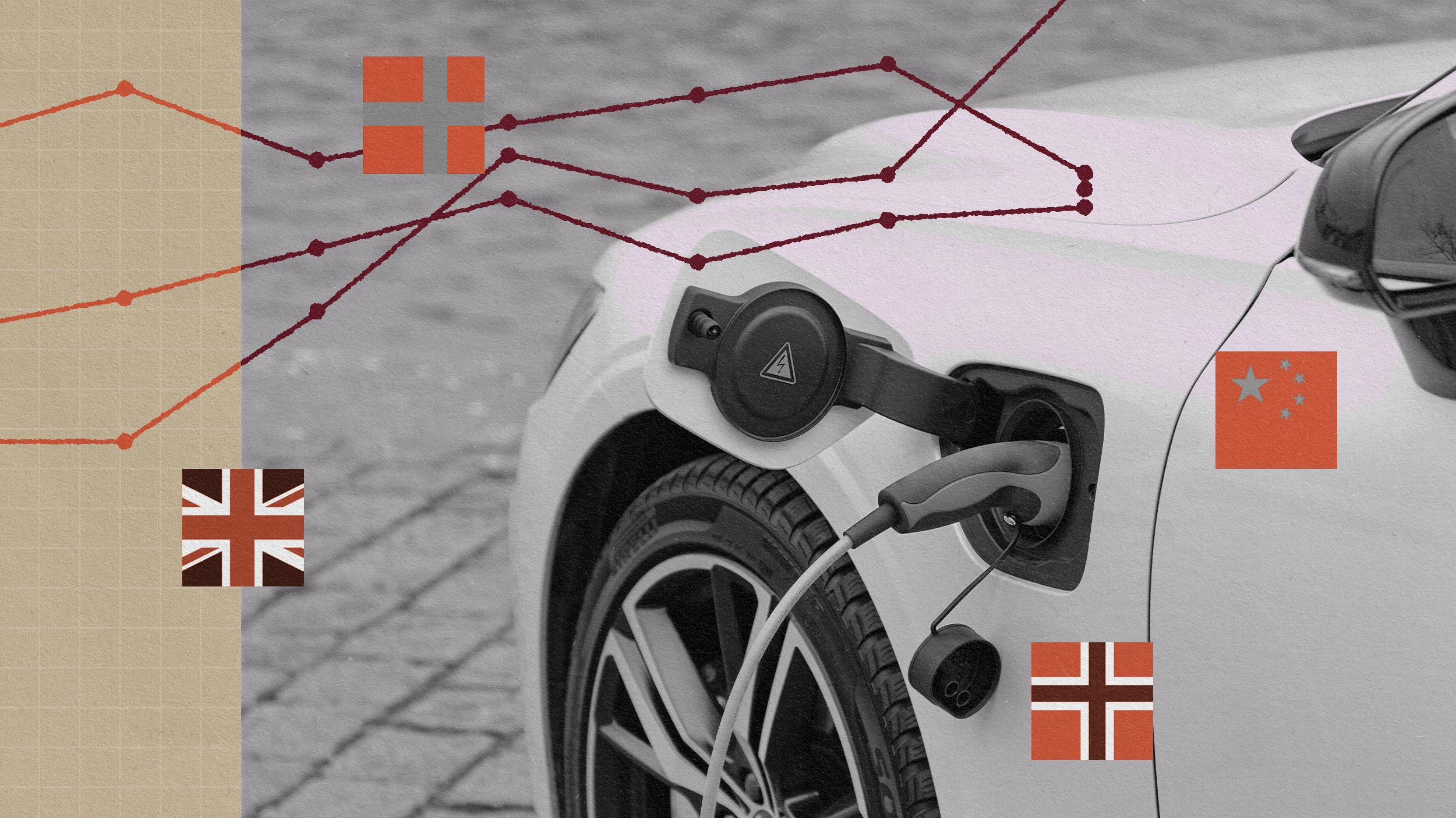 An electric vehicle charging, overlayed with graphical elements suggesting an analysis of global electric vehicle market trends.