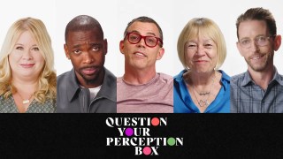 Five people of diverse backgrounds are lined up against a white background with the text "Question Your Perception Box" displayed below them.