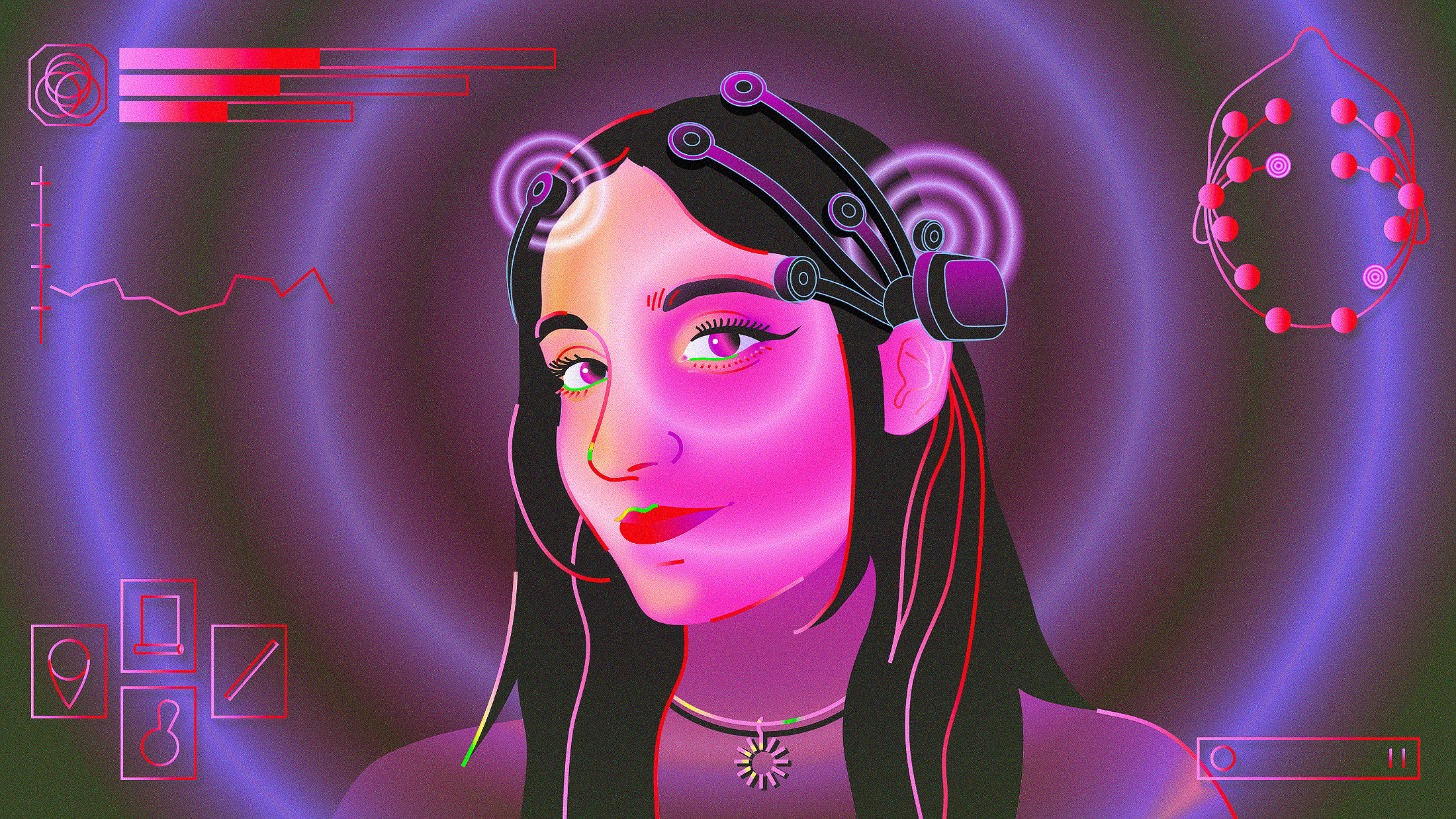 Illustration of a woman with cybernetic enhancements playing video games with her mind, surrounded by various futuristic interface elements.