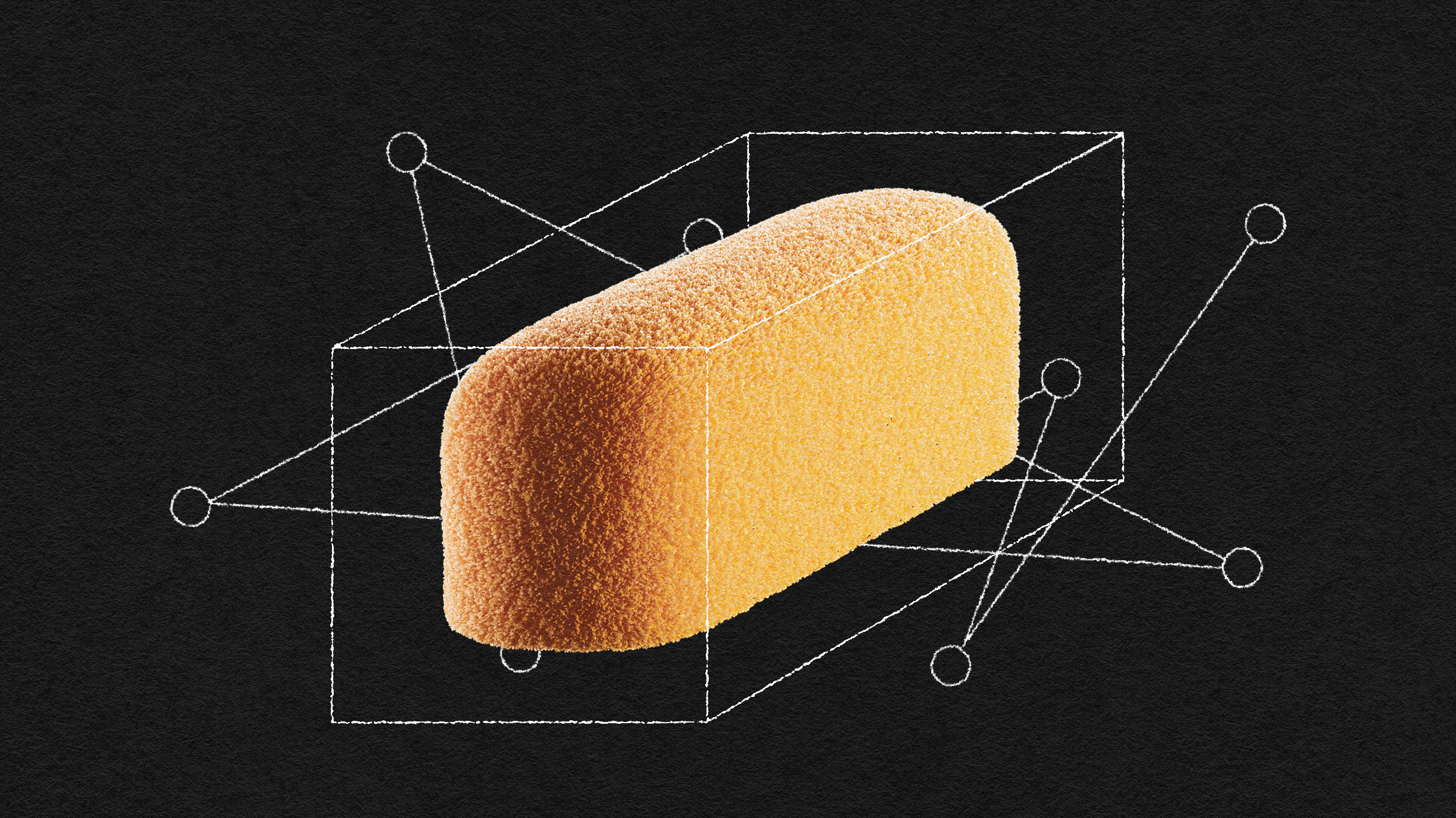 A digitally rendered yellow sponge, inspired by the "Twinkie defense," depicted within geometric wireframe shapes on a black background, symbolizing conceptual and design analysis.